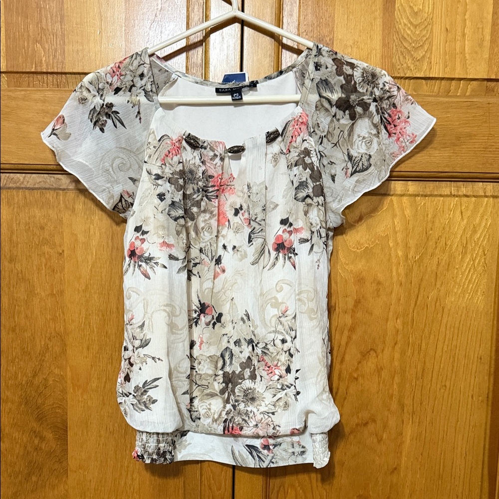 Sara Michelle Floral Blouse - White, Pink, Brown